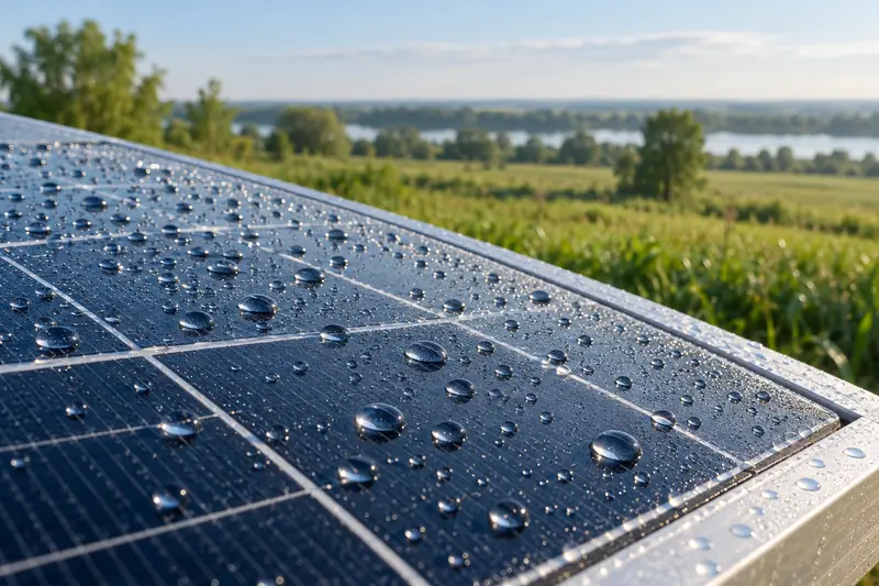 Morning dew on the glass of a solar panel
