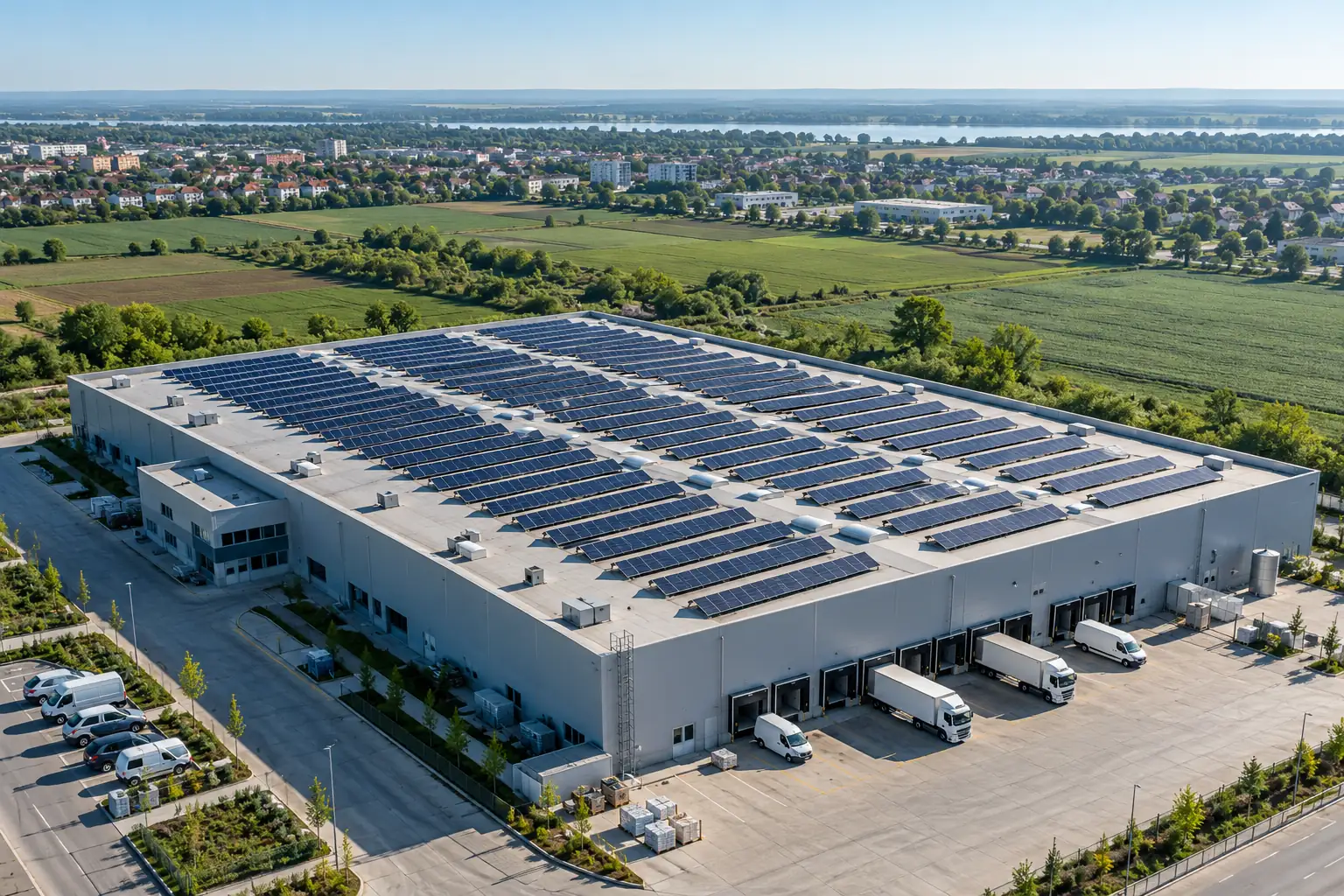 Flat roof of a warehouse covered with rows of solar panels on the edge of a town