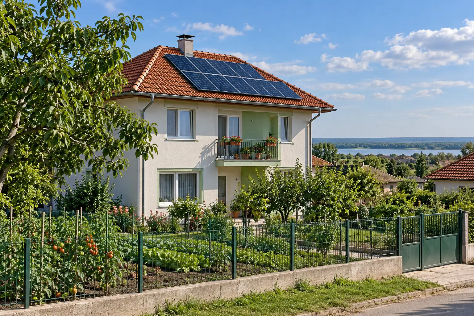 Family house with a red tiled roof and solar panels in a village