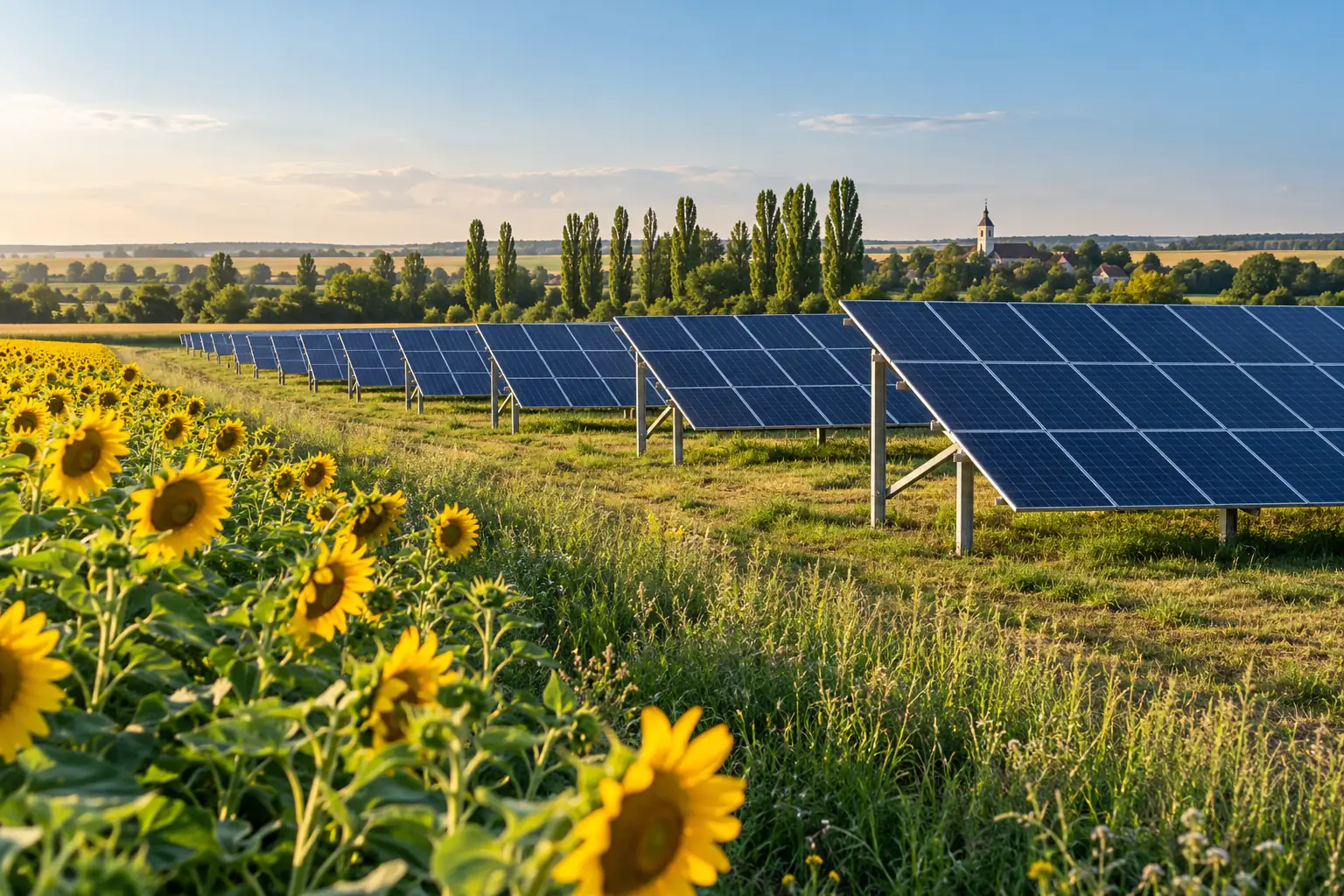Ground-mounted solar panels next to a sunflower field on the Danubian plain