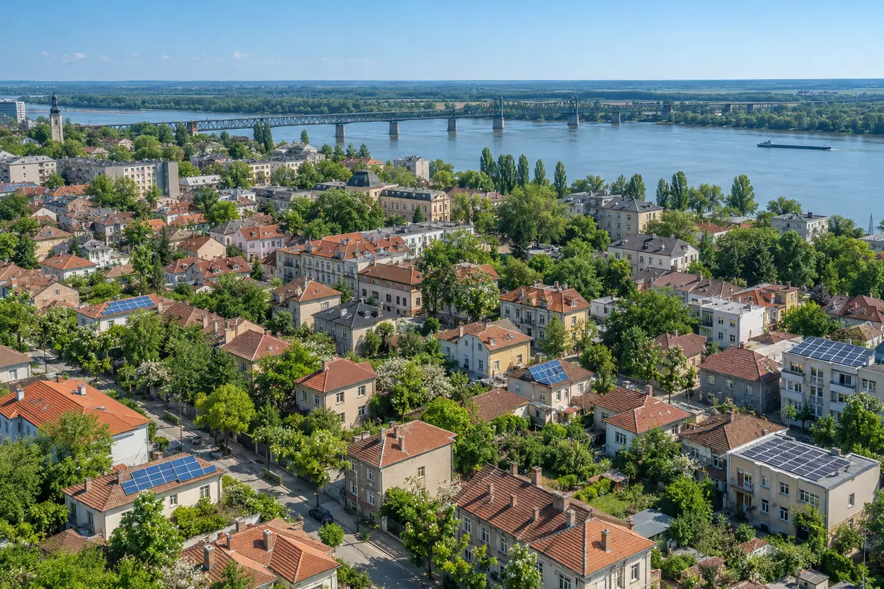 Aerial view of a Danube town with red tiled roofs, several of them with solar panels, and a long bridge over the river